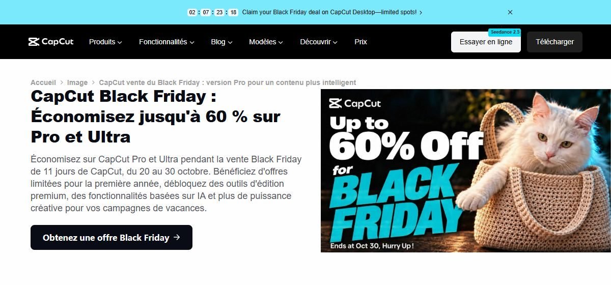 Page de la vente Black Friday de CapCut annonçant jusqu'à 60 % de réduction sur Pro et Ultra, fin le 30 octobre
