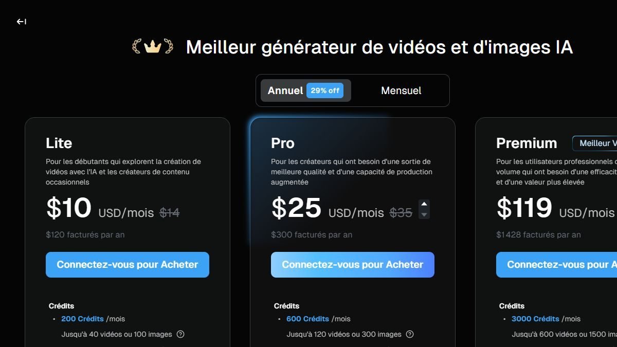 Page tarifs de Deevid AI avec les plans Lite, Pro et Premium en facturation annuelle
