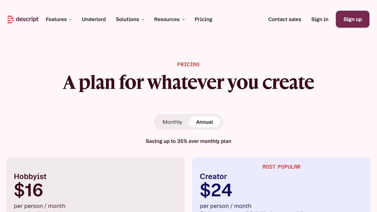 Page tarifs de Descript avec les plans Hobbyist à 16 dollars et Creator à 24 dollars par mois en annuel