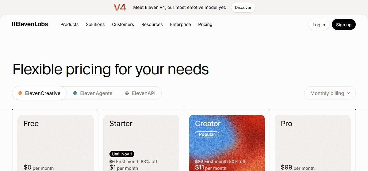 Page tarifs d'ElevenLabs avec les plans Free, Starter, Creator et Pro