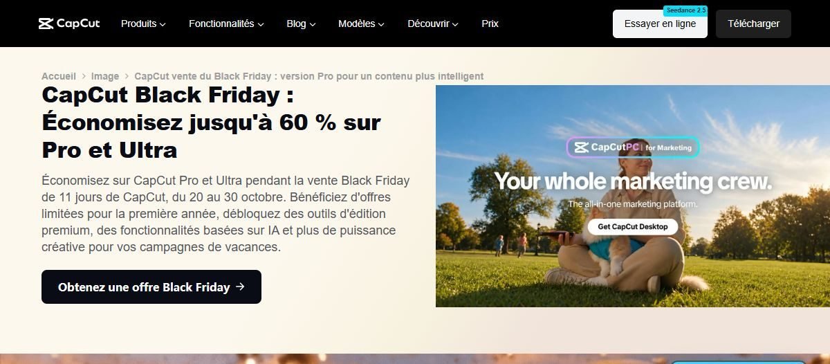 Page Black Friday de capcut.com annonçant jusqu'à 60 % de réduction sur Pro et Ultra du 20 au 30 octobre