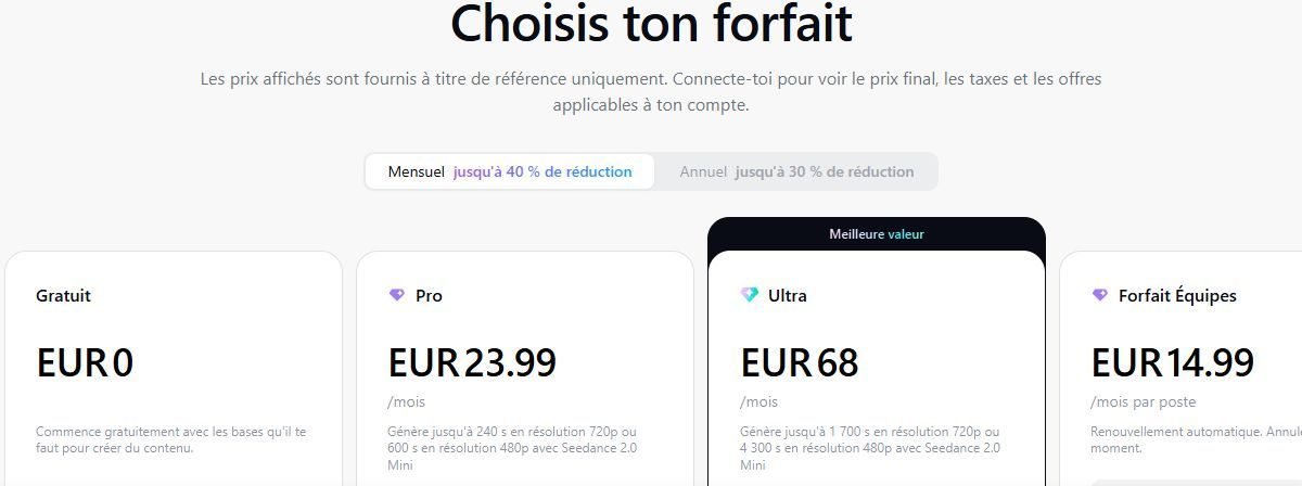 Page tarifs de capcut.com en euros avec les formules Gratuit à 0, Pro à 23,99 et Ultra à 68 par mois