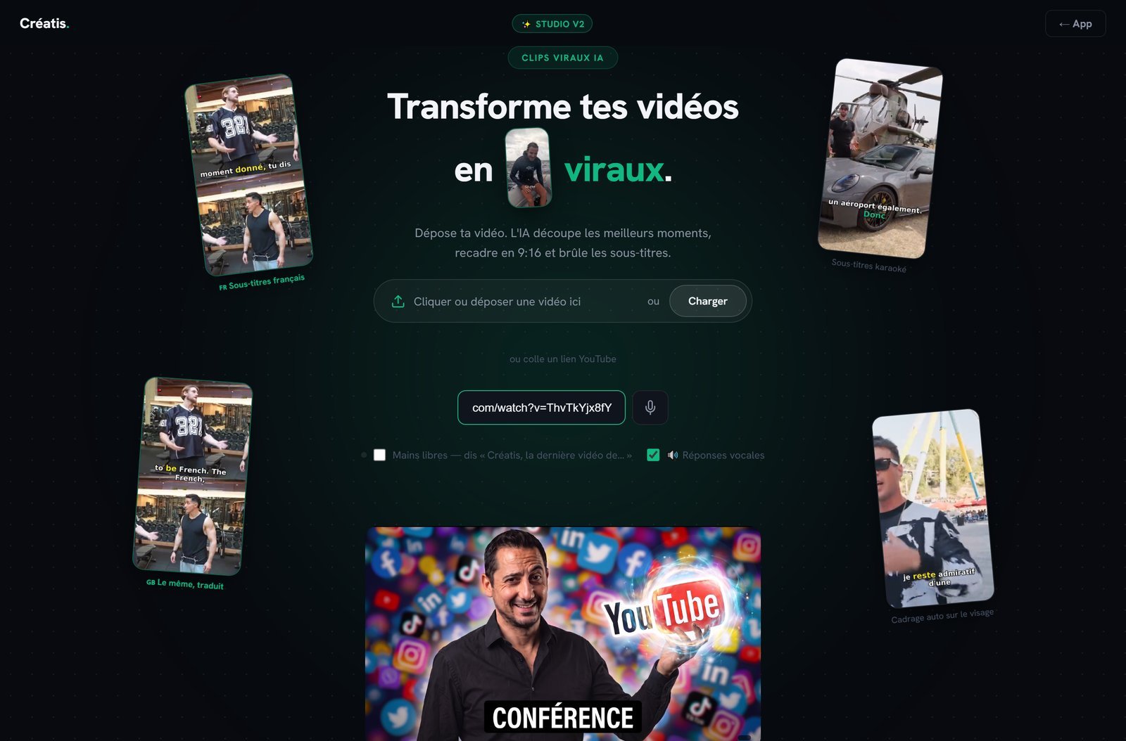 Interface de Créatis Clips Viraux avec le lien YouTube de notre vidéo test collé