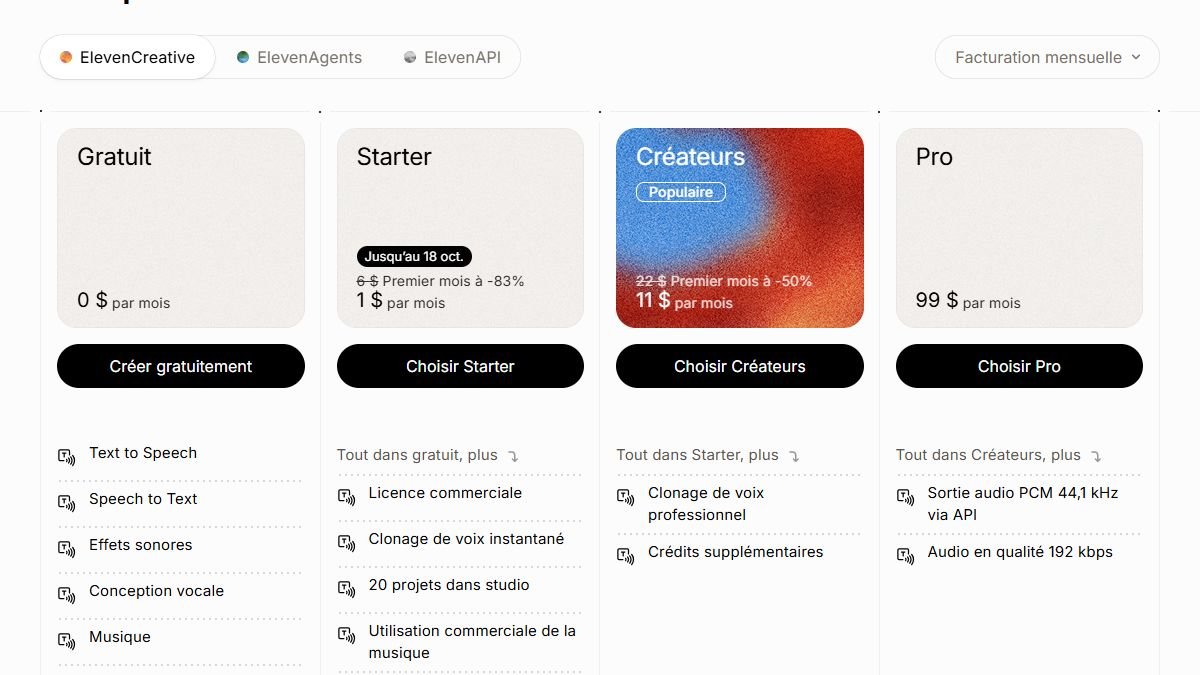 Page tarifs elevenlabs.io en français : la carte Gratuit à 0 $ avec ses fonctions, face au plan Starter