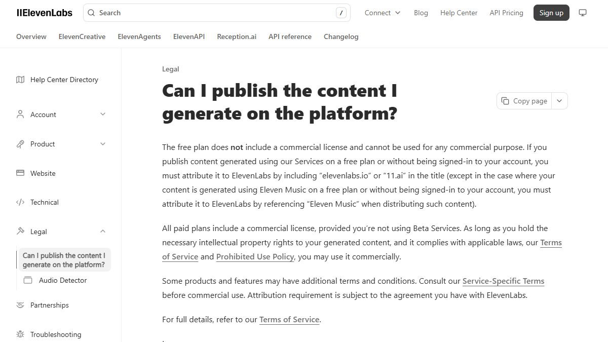 Page d'aide ElevenLabs sur la publication des contenus générés avec le plan gratuit
