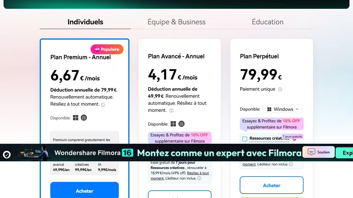 Page tarifs de Filmora en euros avec les plans Premium annuel, Avancé annuel et perpétuel