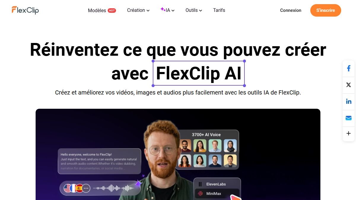 Page FlexClip AI présentant les outils IA vidéo, audio et photo avec un aperçu de plus de 3700 voix IA