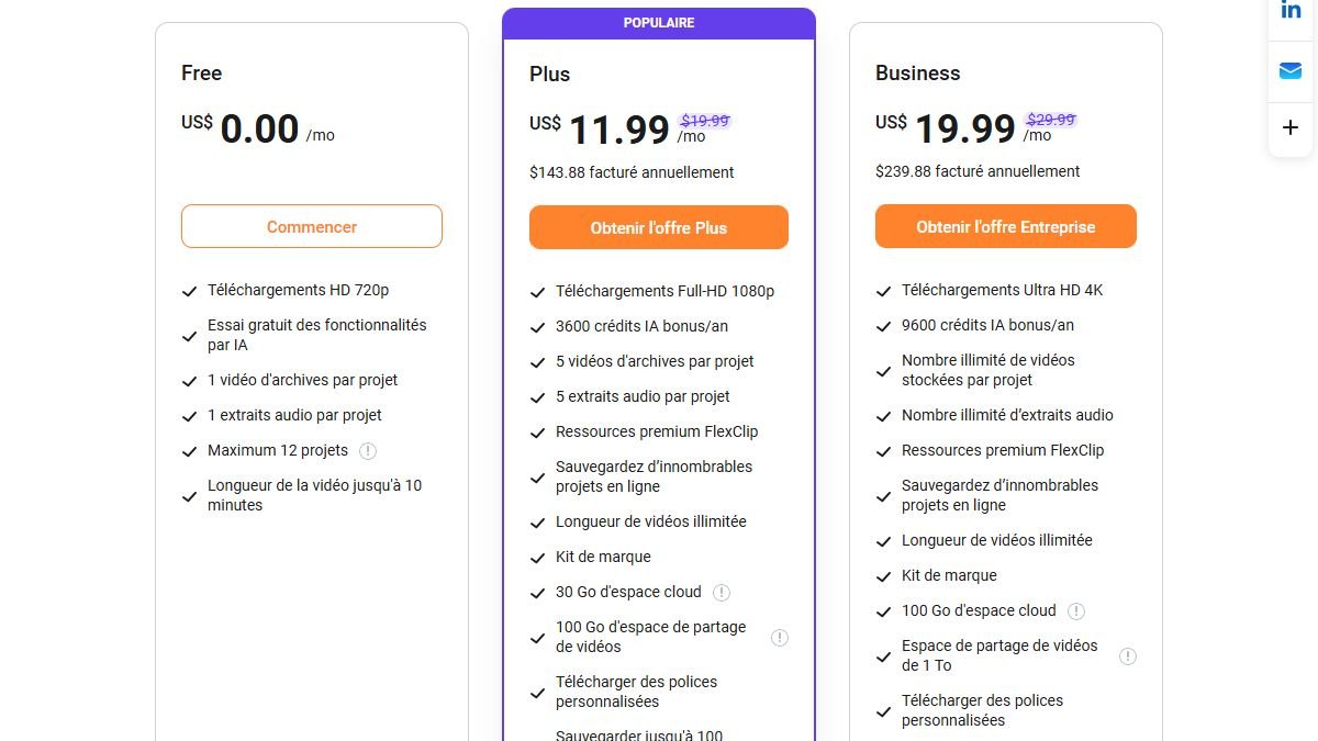 Page tarifs de FlexClip avec les plans Free, Plus à 11,99 $ par mois et Business à 19,99 $ par mois
