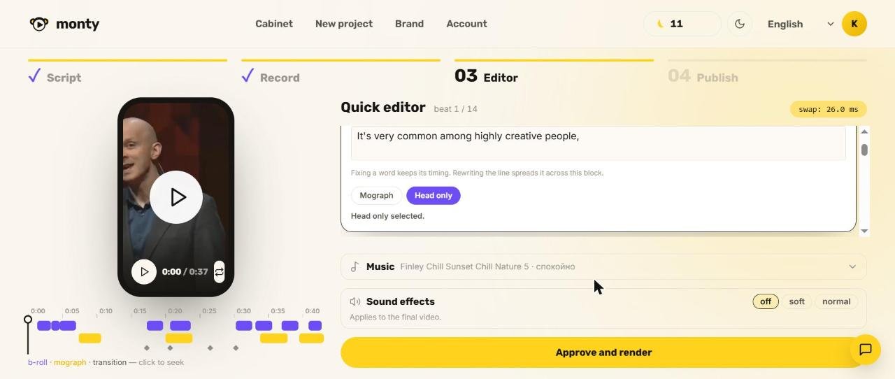 Éditeur rapide de Monty : premier plan en Head only, effets sonores désactivés, musique choisie et bouton Approve and render