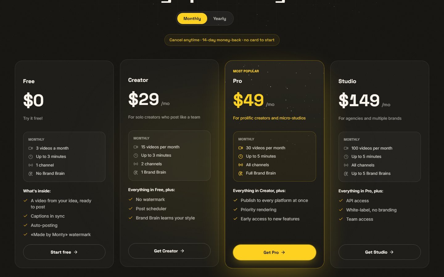 Grille tarifaire de Monty : Free à 0 $, Creator à 29 $, Pro à 49 $, Studio à 149 $ par mois