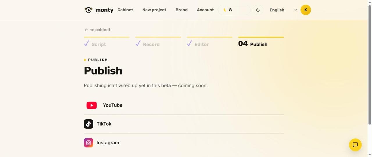Page Publish de Monty : la publication n'est pas encore branchée dans la bêta, avec YouTube, TikTok et Instagram