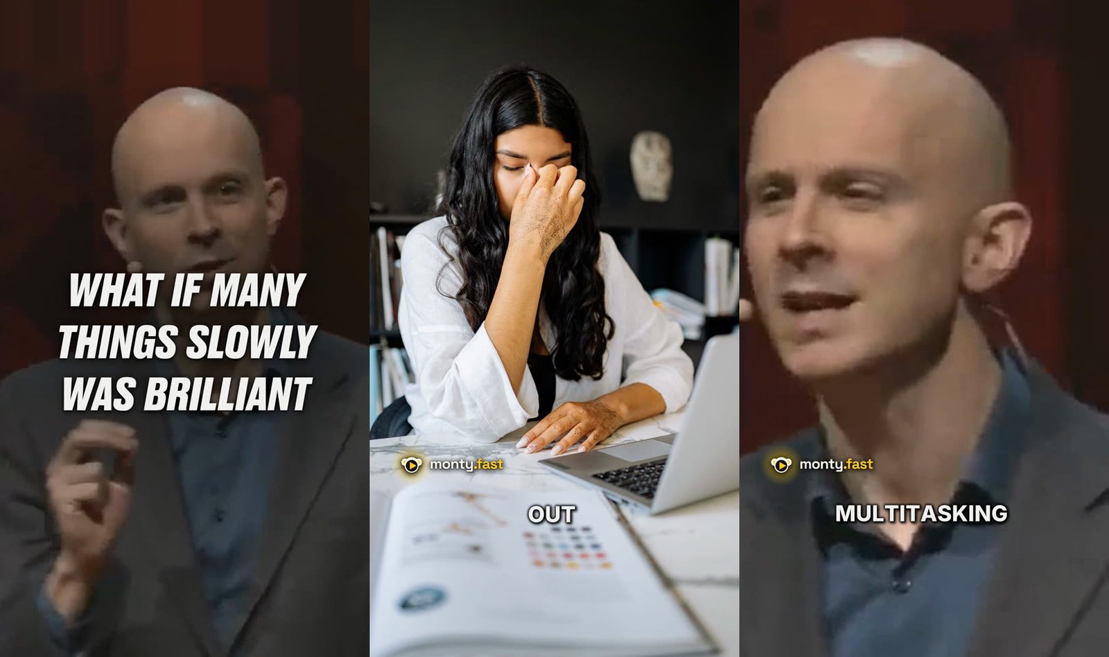 Trois images du rendu anglais de Monty : accroche sur l'orateur recadré en vertical, plan de stock sous-titré, gros plan agrandi depuis une source 720p