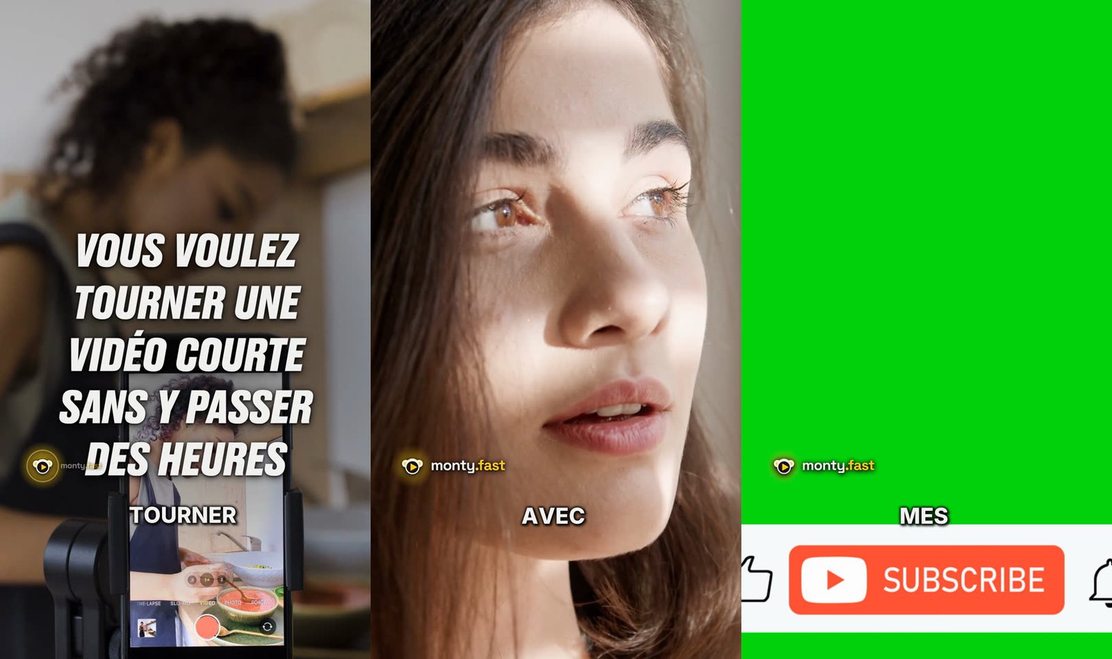 Trois images du rendu français de Monty avec le filigrane monty.fast en bas à gauche et un plan sur fond vert non détouré