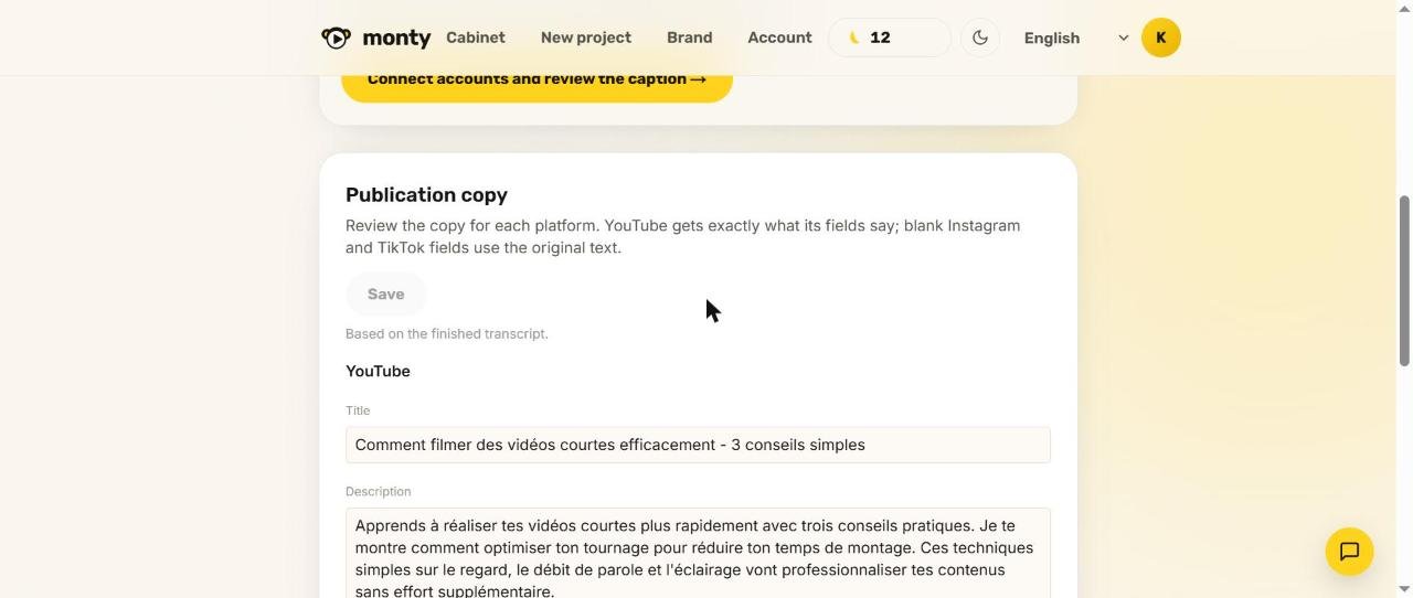 Textes de publication générés par Monty en français : titre YouTube, description, tags et légende Instagram