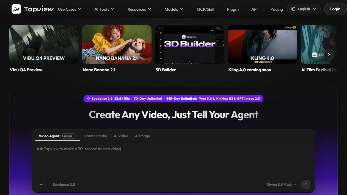 Page d'accueil topview.ai : Create Any Video, Just Tell Your Agent, avec Video Agent, Drama Studio, AI Video et AI Image