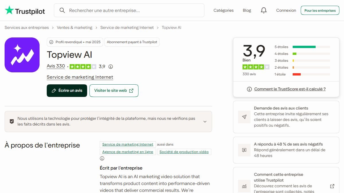 Fiche Trustpilot de Topview AI : note 3,9 sur 5 pour 330 avis