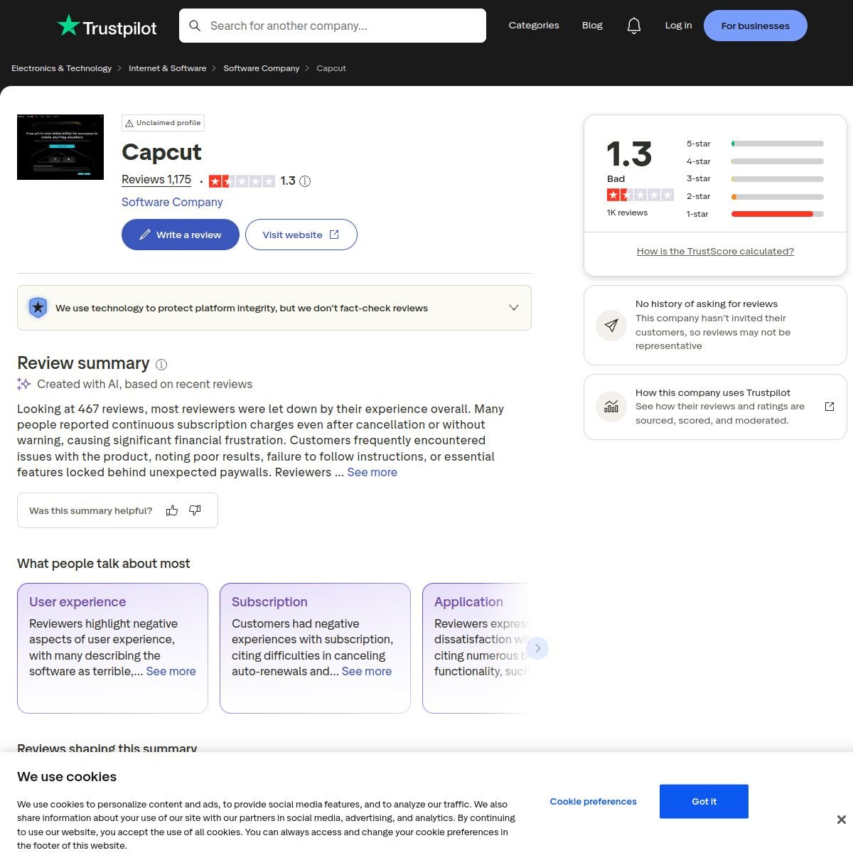 Fiche Trustpilot de CapCut — note 1,3/5 sur 1 175 avis