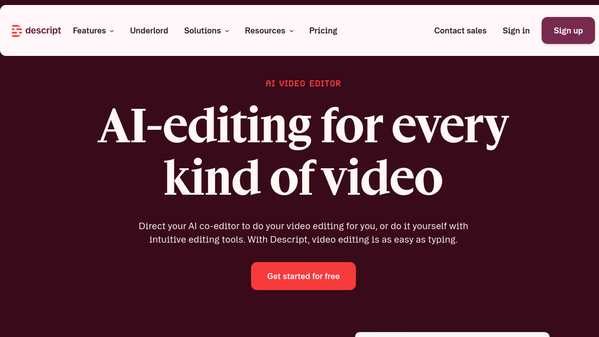 Capture officielle de descript.com — AI-editing for every kind of video avec Underlord