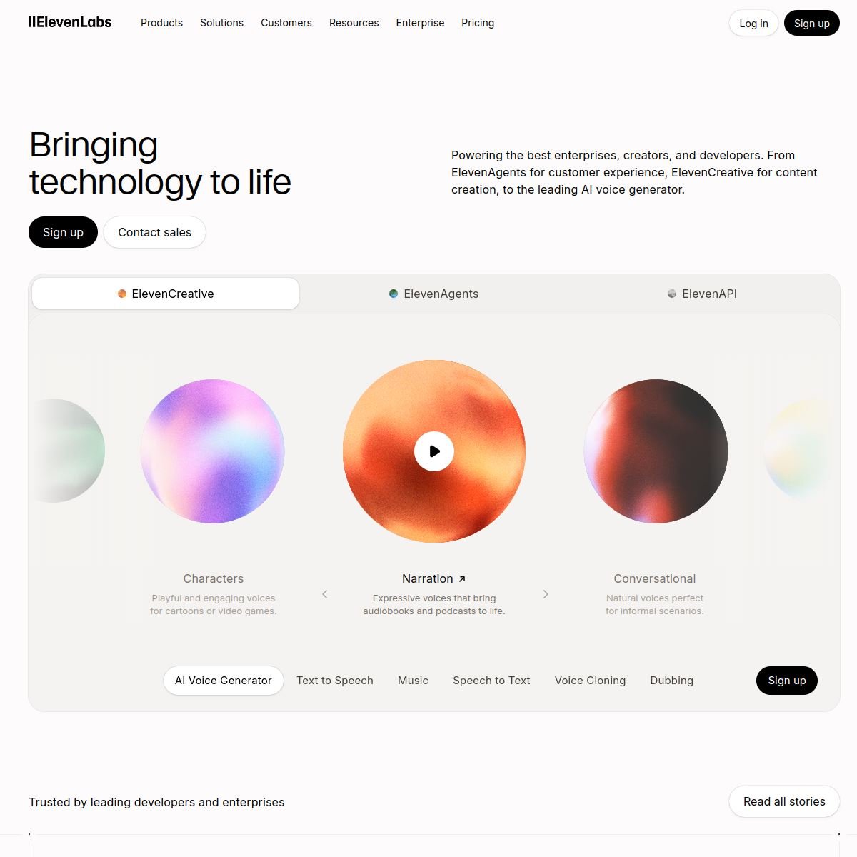 Page d'accueil elevenlabs.io — Bringing technology to life, voix IA text-to-speech