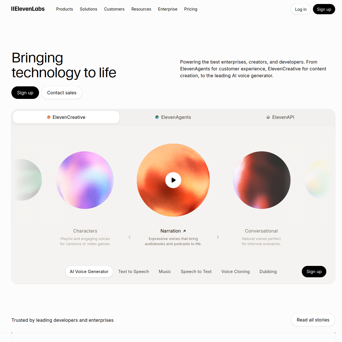 Page d'accueil elevenlabs.io — Bringing technology to life, voix IA text-to-speech