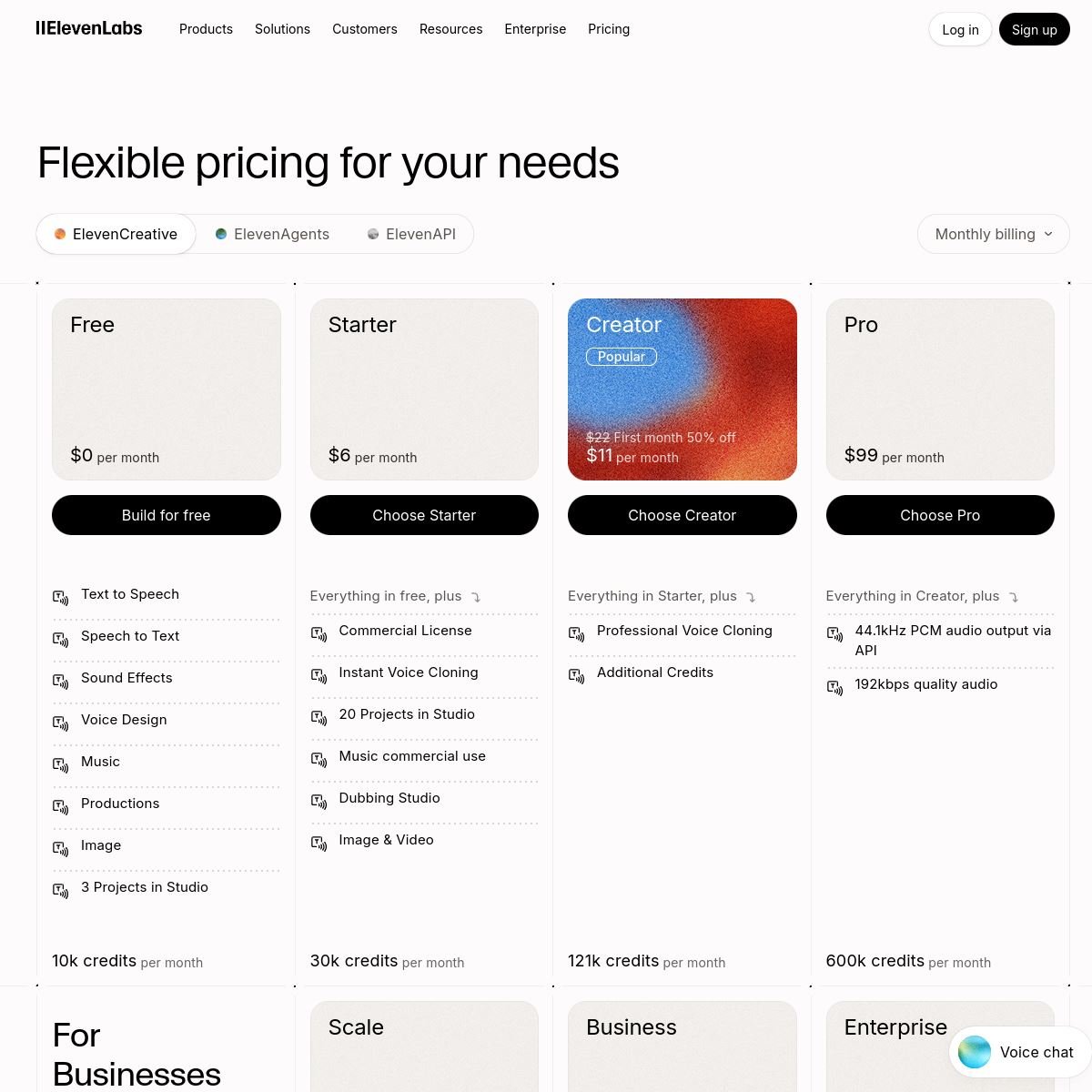 Page tarifs elevenlabs.io — Free 10k, Starter $6, Creator $22 promo $11, Pro $99