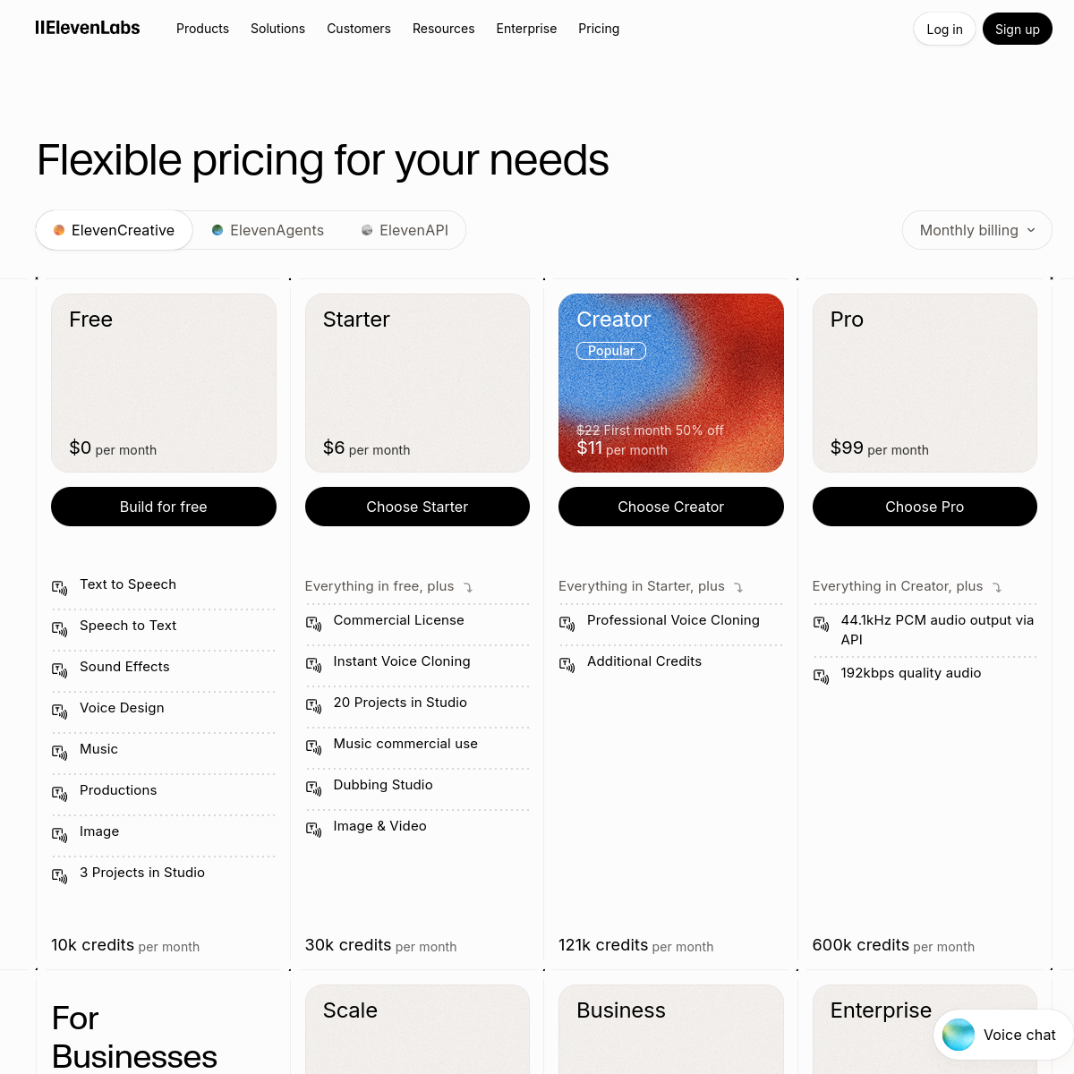 Page tarifs elevenlabs.io — Free 10k, Starter $6, Creator $22 promo $11, Pro $99