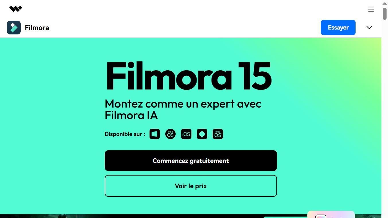 Capture officielle de filmora.wondershare.fr — éditeur vidéo Wondershare boosté par l'IA