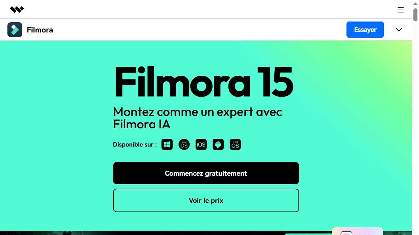Capture officielle de filmora.wondershare.fr — éditeur vidéo Wondershare boosté par l'IA
