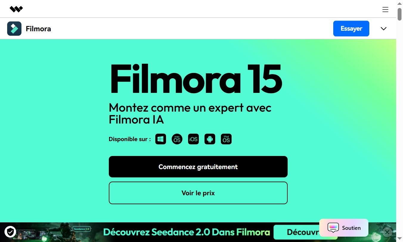 Page d'accueil filmora.wondershare.fr — éditeur vidéo Wondershare avec IA