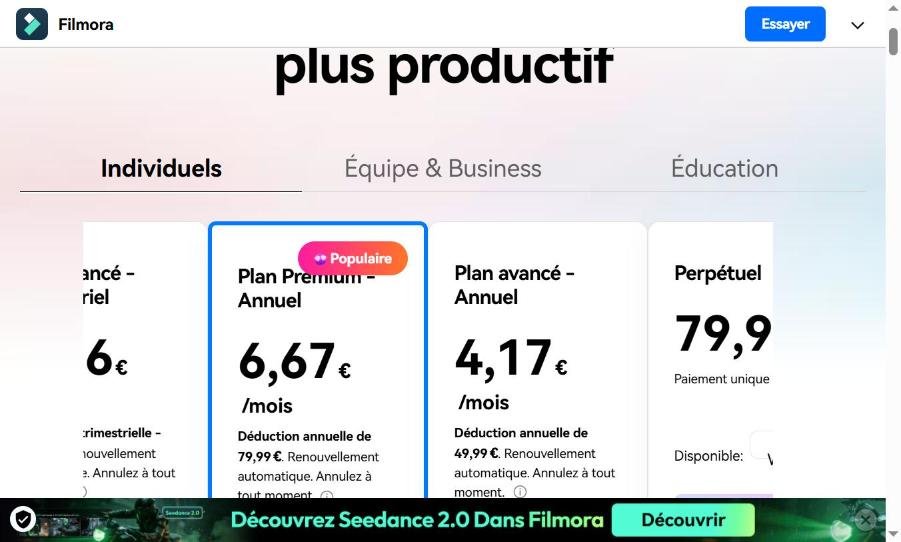 Page tarifs Filmora 2026 — 4 plans visibles : Avancé Trimestriel, Avancé Annuel, Premium Annuel, Perpétuel