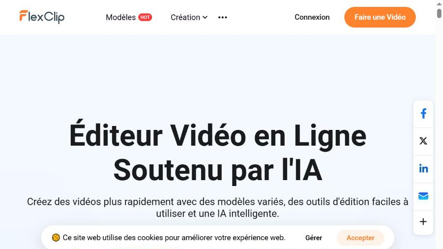 Capture officielle de flexclip.com — éditeur vidéo en ligne IA 100 % navigateur