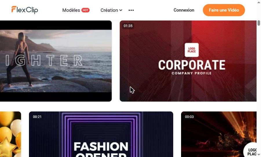 Bibliothèque de modèles vidéo FlexClip avec des modèles corporate, fashion opener et fitness
