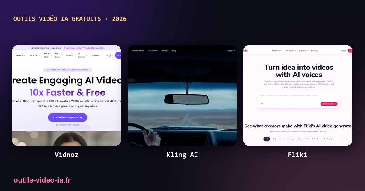 Pages d’accueil de Vidnoz, Kling et Fliki, outils vidéo IA gratuits