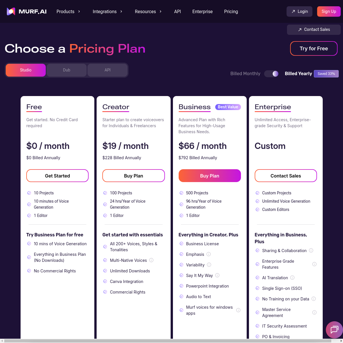 Page tarifs murf.ai — Free, Creator $19/mois, Business $66/mois, Enterprise custom
