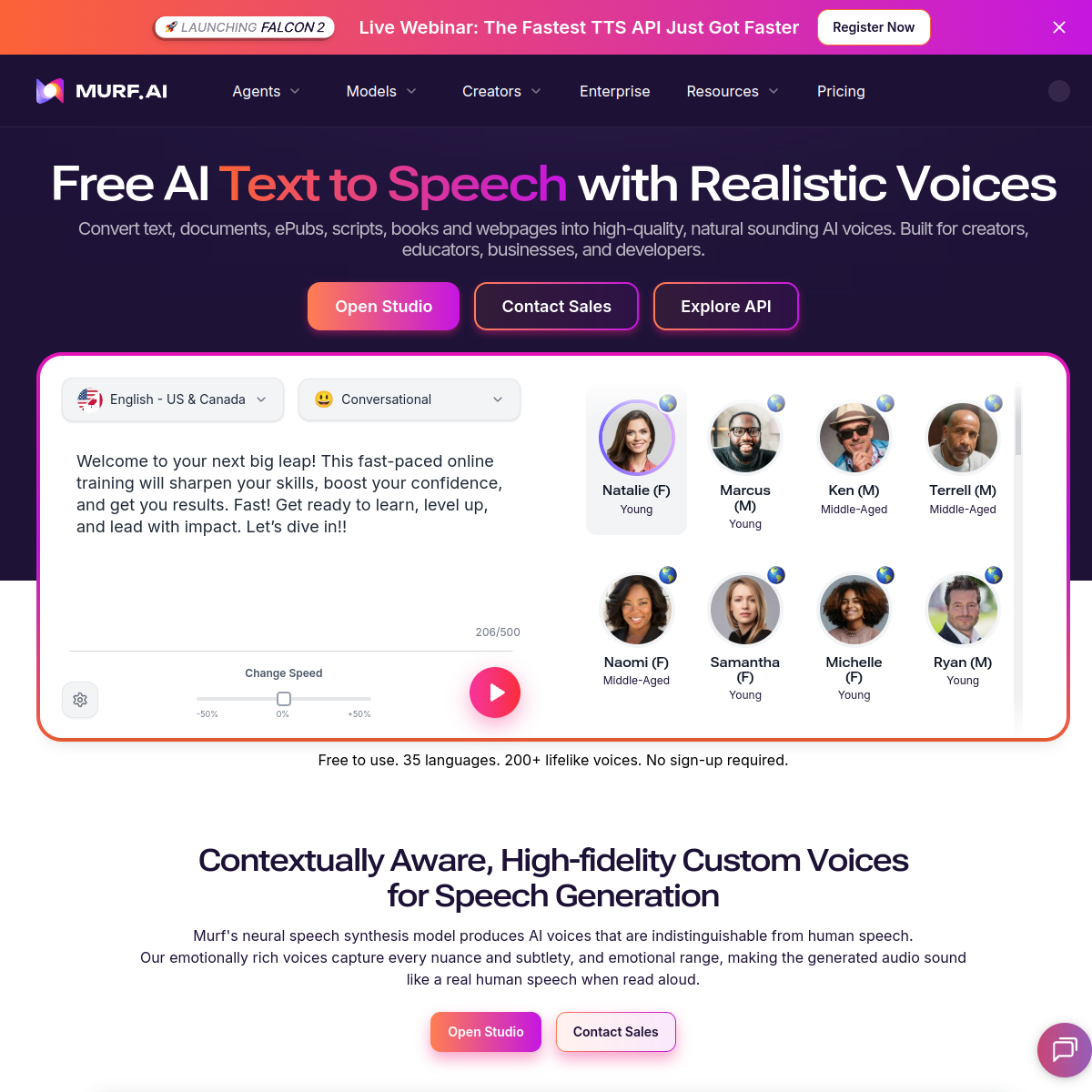 Page Text to Speech Murf AI — 200+ voix, 30+ langues, styles et tonalités