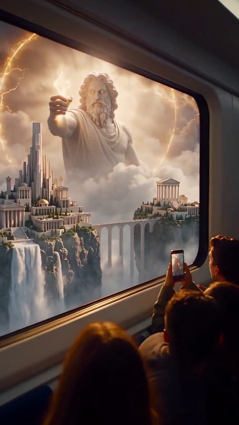 Démo PixVerse : la fenêtre du train bascule sur le Mont Olympe mythologique