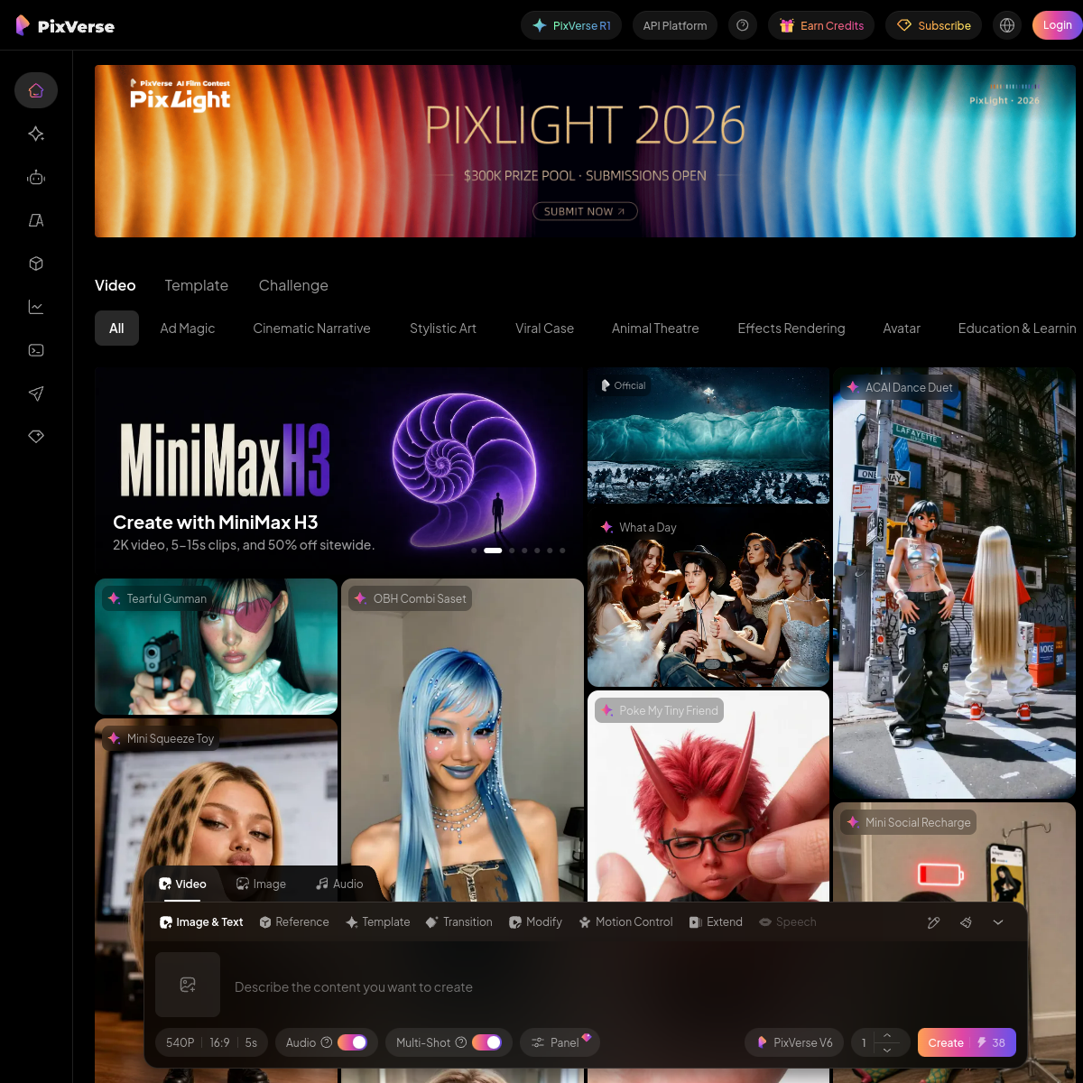 Interface app.pixverse.ai — templates video, image, audio avec PixVerse V6