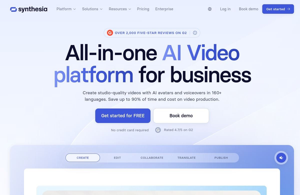 Page d'accueil de Synthesia, plateforme vidéo IA pour l'entreprise